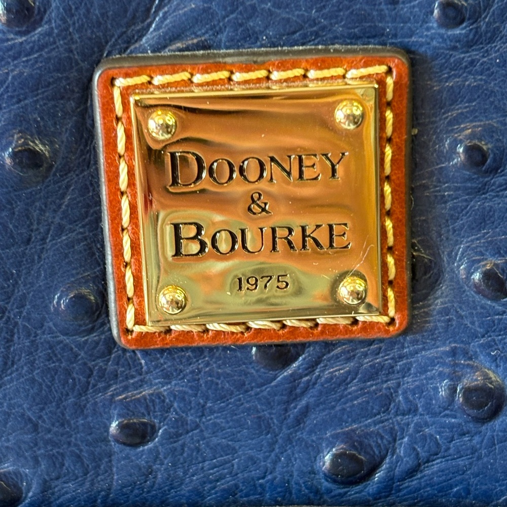 Dooney & Bourke Ostrich Navy Tote with Brown Handles - Picture 3 of 11